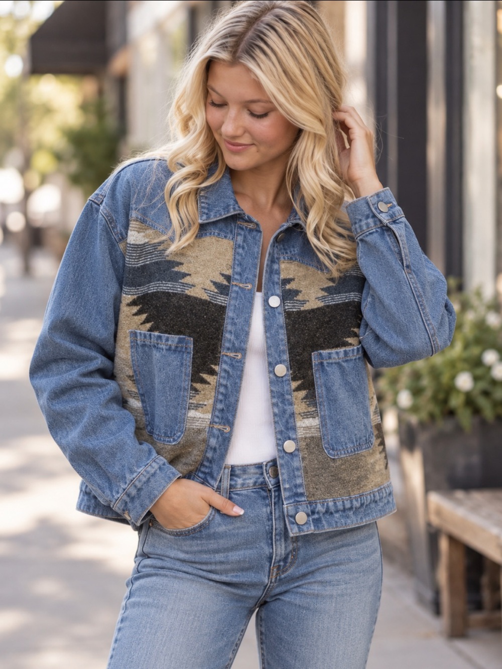 New Miss Sparkling Blue Gray Southwestern Aztec Woven Denim Jacket NWT